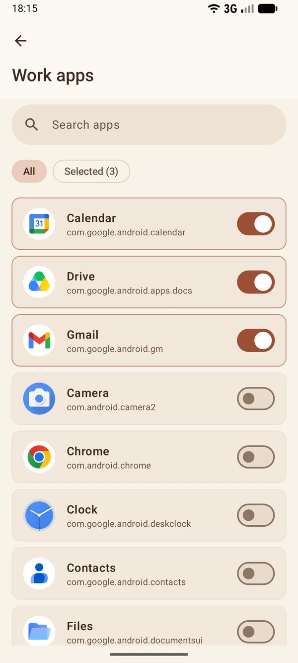 Work apps screen: Calendar, Drive and Gmail on, the other apps off.